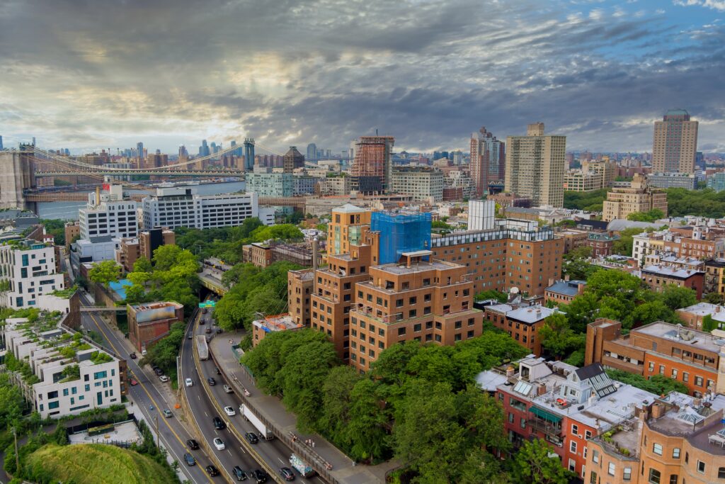 Aerial view of Brooklyn Bridge with overview Brooklyn skyline