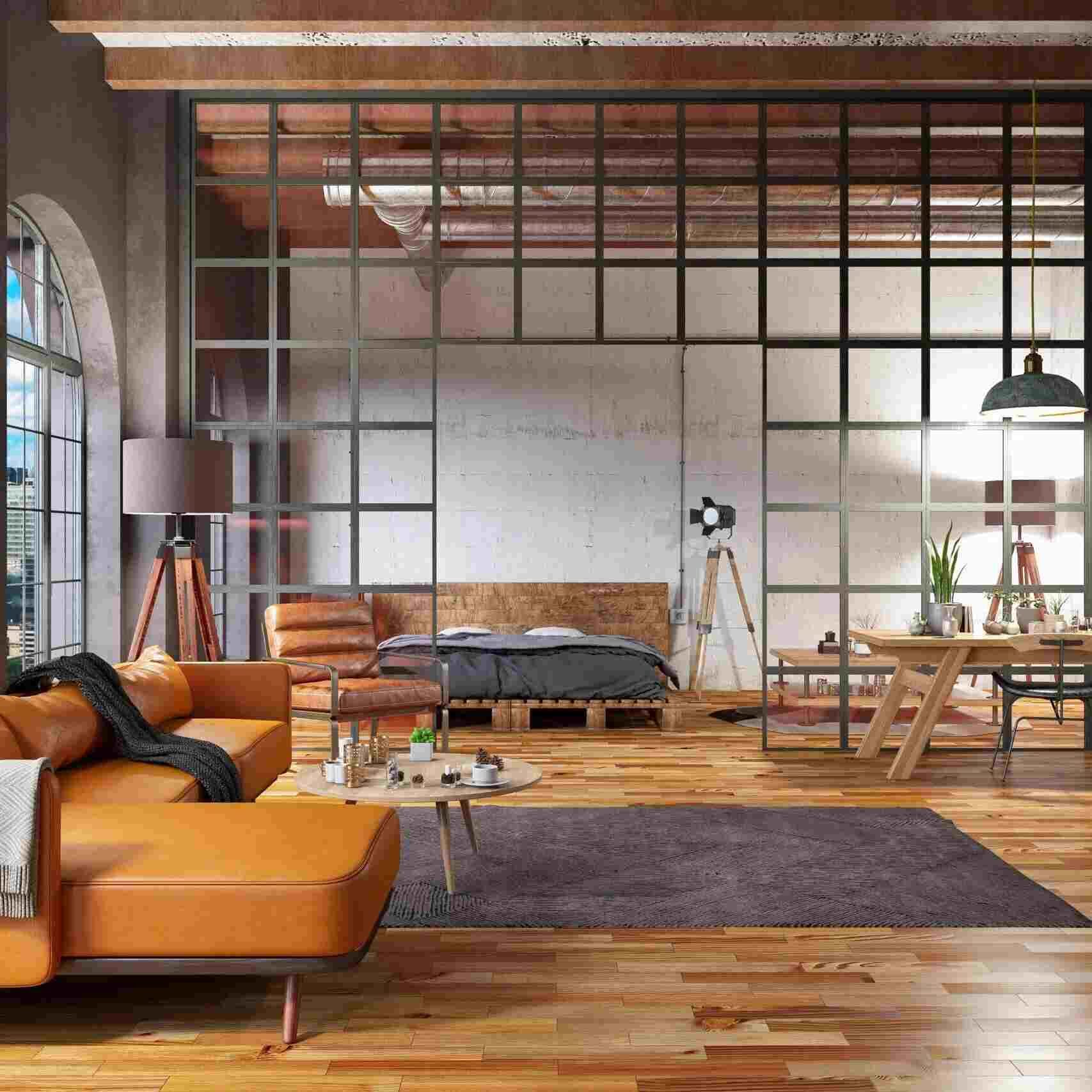 Industrial Style Loft Open Space Living Room and Bedroom. 3D Render